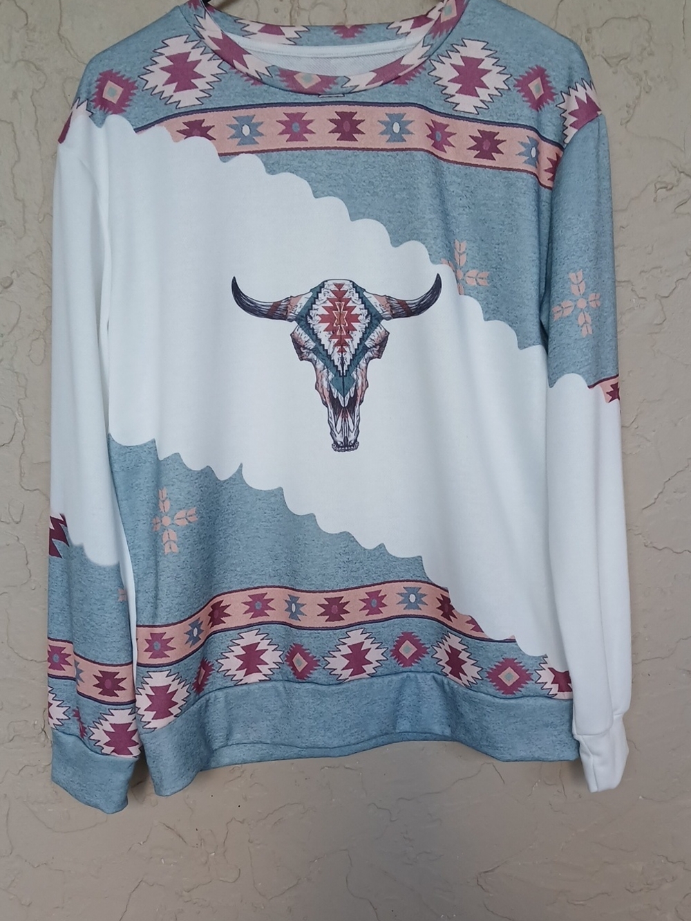Southwestern Skull Crewneck Sweater in White and Light Blue